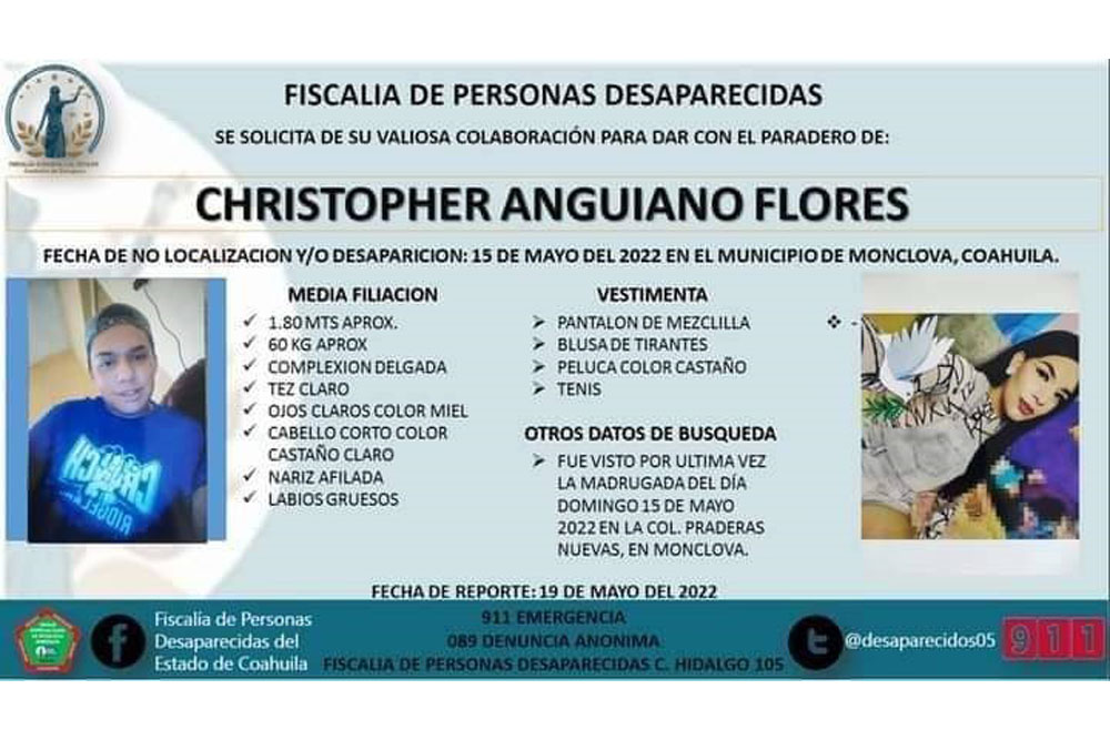 Autoridades apoyan en la búsqueda de Christopher Anguiano
