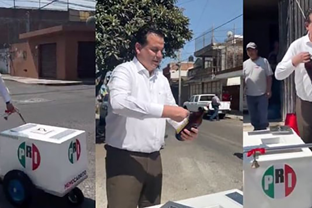 Dirigente priista regala caguamas a la gente en Michoacán