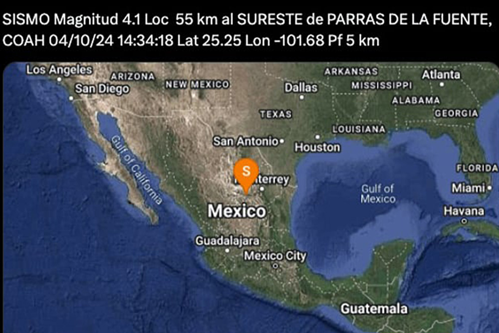 Estremece sismo a Parras de la Fuente; magnitud 4.1